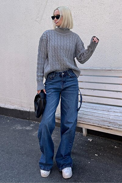 Madmext Turtleneck Gray Textured Women's Sweater - Mg2197