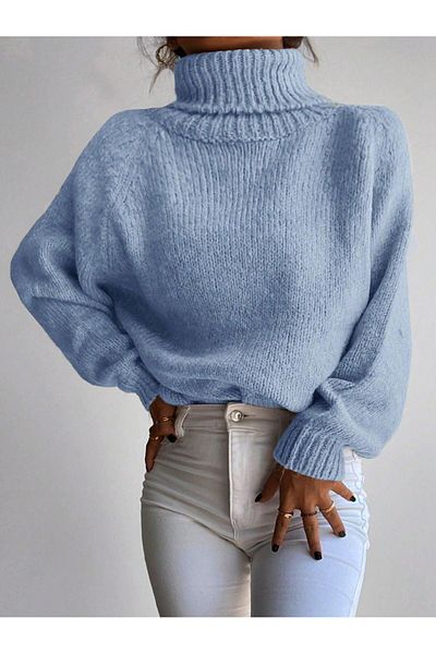 Figo Pulover din tricot cu nervuri - Gât roscat, mânecă raglan