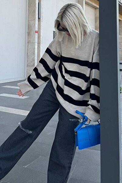 Madmext Pulover marin cu dungi overfit bej Mg1569