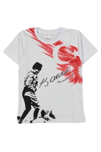 bebegen Tricou alb unisex cu mânecă scurtă cu steagul turcesc K. Atatürk