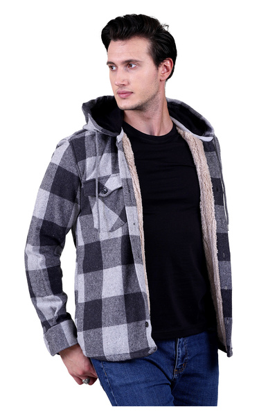 Exve Exclusive Siyah Gri Ekose Dama Kareli Kapüşonlu Içi Yün Kürklü Kışlık Oduncu Ceket Gömlek