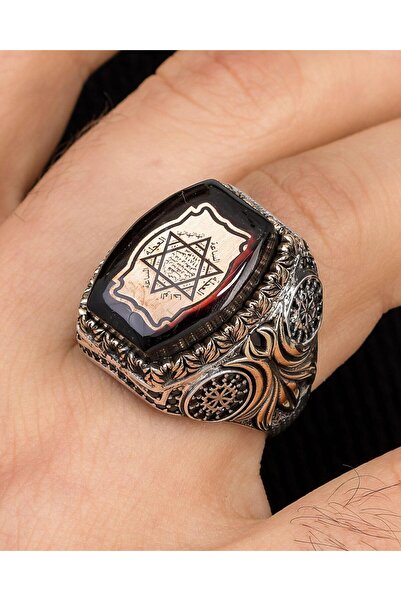 Prestige Süleyman Mührü Sıkma Kehribar Taşlı 925 Ayar Gümüş Erkek Yüzüğü