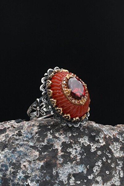 Prestige Sıkma Kehribar Ve Kırmızı Zirkon Taşlı 925 Ayar Gümüş Erkek Yüzüğü