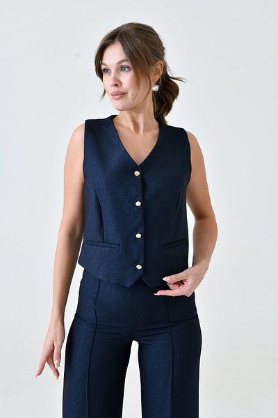 WOMAN VISION Women's Navy Blue Lined Wool Effect Fabric Button down Vest and Wide Leg Pants Double Suit 9111