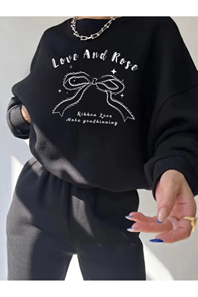 Sezon Μαύρο Unisex Κοστούμι με Στάμπα Crew Neck - Άνετο Σετ Δύο Τεμαχίων με Μ...