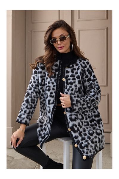 Elif Özbey Butik Gray Black Leopard Wool Effect Cardigan