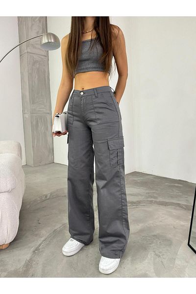 BİKELİFE Graue Cargo-Hose aus Lycra mit hoher Taille und weitem Bein und Tasche