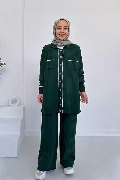 Ka Hijab Emerald Color Double Pocket Buttoned Knitwear Hijab Set of 2