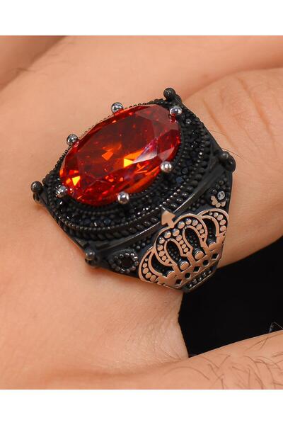 Prestige 925 Ayar Gümüş Erkek Yüzüğü Zirkon Kırmızı Taşlı Kral Taç Figürlü