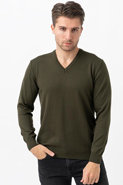 White Stone Treviso 2116 Slim Fit Βαμβακερό Πλεκτό με V-λαιμόκοψη Χακί