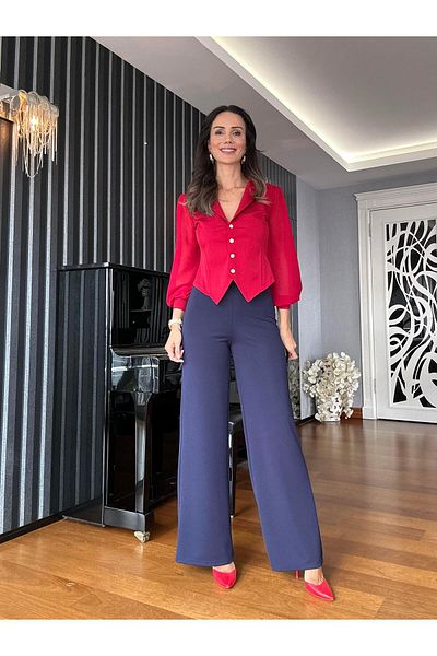 Atelier Derin Navy Blue Elastic Waist Crepe Trousers