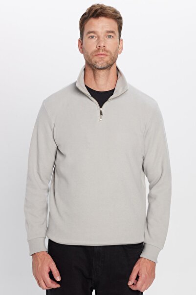 Tudors Unisex Relax Fit Comfortable Cut Ribbed Cotton Half Zipper Gray Stand Collar Sweatshirt