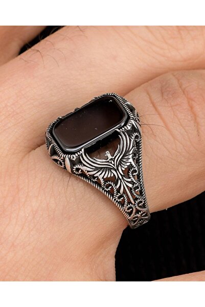 Prestige Anka Kuşu Figürlü Oniks Taşlı 925 Ayar Gümüş Erkek Yüzüğü 900246