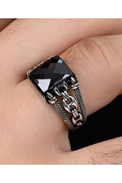 Prestige Gemici Zincir Modeli Siyah Zirkon Taşlı 925 Ayar Gümüş Erkek Yüzüğü