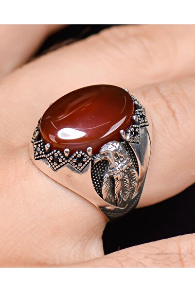 Prestige 925 Ayar Gümüş Erkek Yüzüğü Akik Taşlı Kartal Figürlü