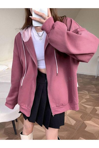Machetta Unisex Pink Hood Powder Pink Unprinted 3 κλωστών Oversize Fleece Jacket - Ζακέτα