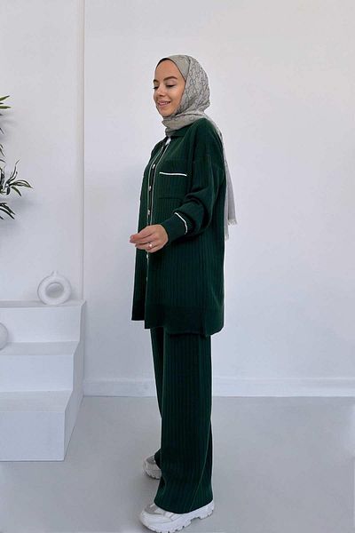 Ka Hijab Emerald Color Double Pocket Buttoned Knitwear Hijab Set of 2