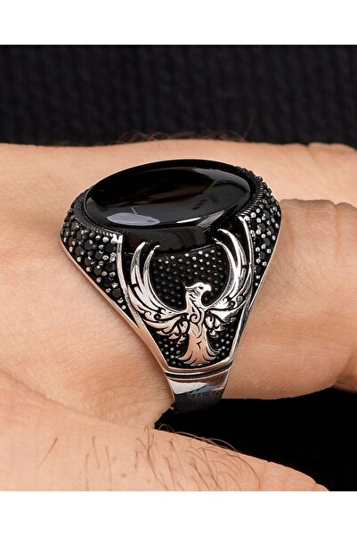 Prestige Oniks Taşlı 925 Ayar Gümüş Erkek Yüzüğü Anka kuşu Figürlü 100105