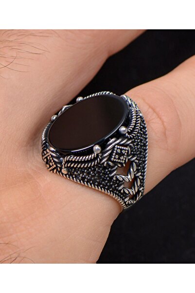 Prestige 925 Ayar Gümüş Erkek Yüzüğü Oniks Taşlı Zirkon Taş Süslemeli 800551