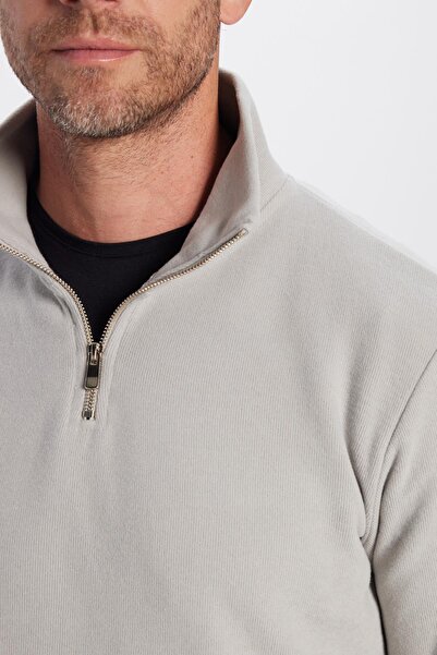 Tudors Unisex Relax Fit Comfortable Cut Ribbed Cotton Half Zipper Gray Stand Collar Sweatshirt