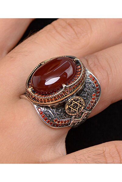 Prestige Hz. Süleyman Mührü Kırmızı Akik Taşlı 925 Ayar Gümüş Erkek Yüzüğü 80...