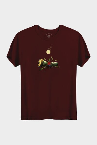 Unisex Slim Fit Bordo %100 Pamuk Cep Feneri Hikayeli Baskılı Tişört