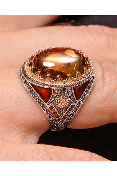 Prestige Gümüş Erkek Yüzük Şampanya Topaz Taşlı Zirkon Taş Süslemeli