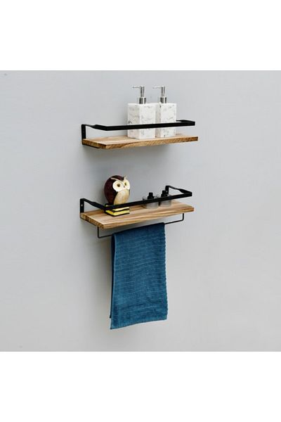 HONEYBEE 2-Piece Wooden Floating Wall Shelf Set with Towel Rack