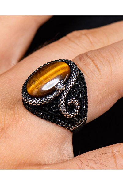 Prestige 925 Ayar Gümüş Erkek Yüzüğü Kaplangözü Taşlı Yılan Figürlü 20090