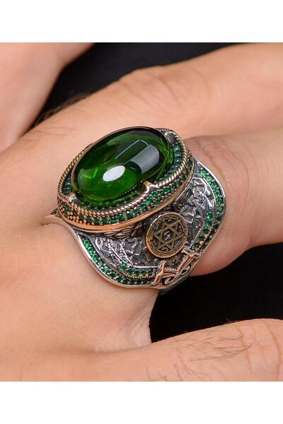 Prestige Hz. Süleyman Mührü Yeşil Zirkon Taşlı 925 Ayar Gümüş Erkek Yüzüğü