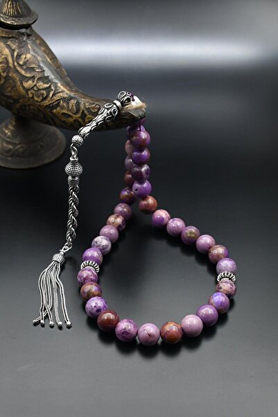 Prestige 925 проба срібний чотник з каменем лепідолітом, 33 намистини - з китицею, 10 мм кулястий зріз