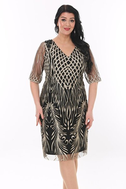 Ladies First Büyük Beden 3791 Siyah Kısa Abiye Elbise