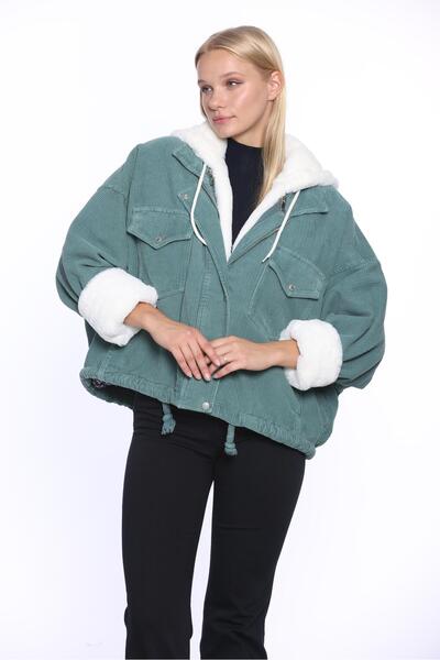 Whitney KADIN İÇİ TAK ÇIKAR KÜRK DETAYLI MİNT KADİFE MONT