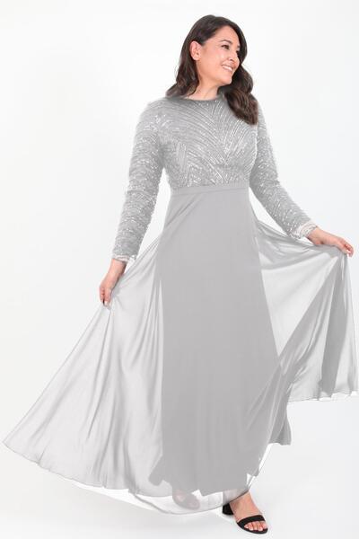 Ladies First Büyük Beden 3416 Gri Uzun Abiye Elbise