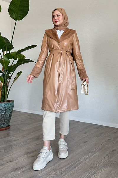 InStyle Καμπαρντίνα από δέρμα Camel με λεπτομέρεια από γούνα
