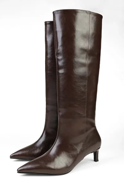 Shoeberry Cizme de damă Blaze Brown Skin scurte cu toc ascuțit