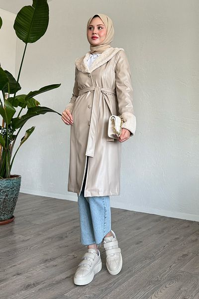 InStyle Trenci din piele bej cu detaliu din blană