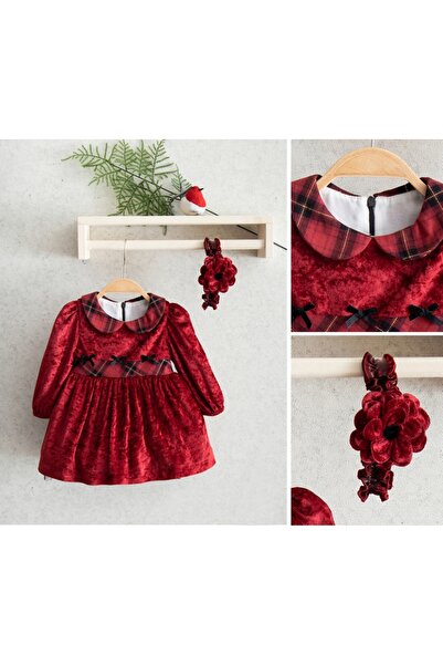 miomini Simli Ekose Bantlı Kadife Yılbaşı Elbise Kırmızı