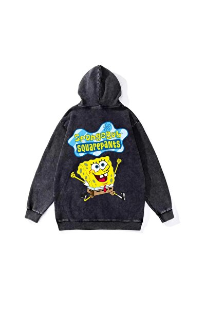 weywot Worm Butik Y2k Yıkamalı Sponge Bob Vintage Kapüşonlu Sweatshirt