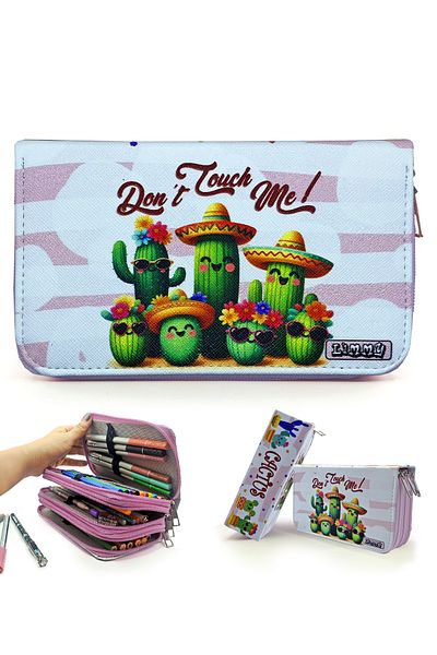 Limmy Δερμάτινη θήκη μολυβιών Vegan με σχέδιο Kawaii Cactus - Organizer τριών διαμερισμάτων, πούδρα
