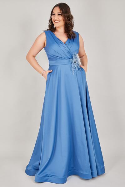 Ladies First Büyük Beden 3434 Indigo Uzun Abiye Elbise