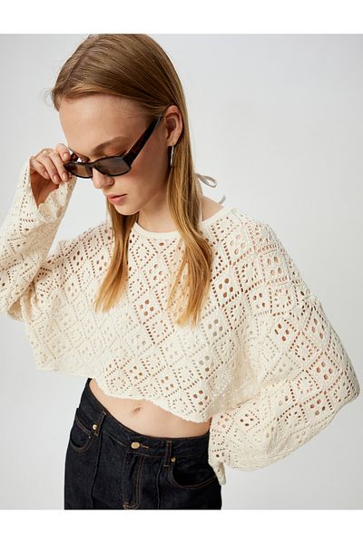 Koton Openwork T-Shirt Crop Long Sleeve Crew Neck Comfortable Fit