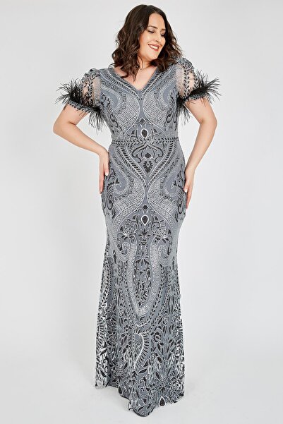 Ladies First Büyük Beden 3439 Gümüş Uzun Abiye Elbise