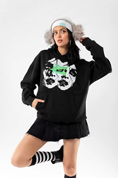 Bak Moda Woman Shadows Printed Black Oversize Unisex Hoodie