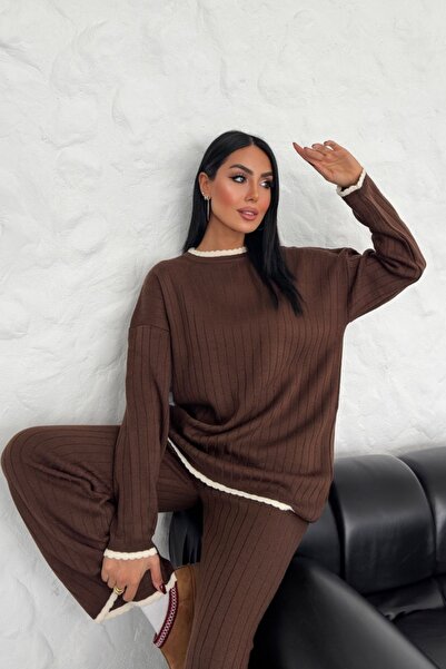Know Women's Brown Collar Detail Crew Neck Bottom-Top Knitwear Set