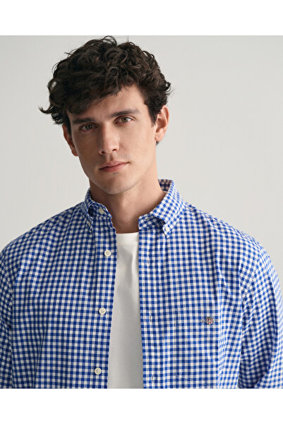 Gant Erkek Mavi Regular Fit Düğmeli Yaka Kareli Gömlek