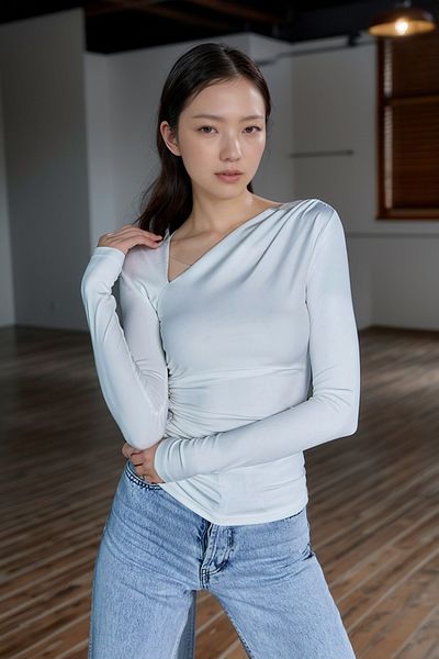 World Fashion Trends Wft2970 Long Sleeve Stretchy Blouse with Gathered Collar and Side