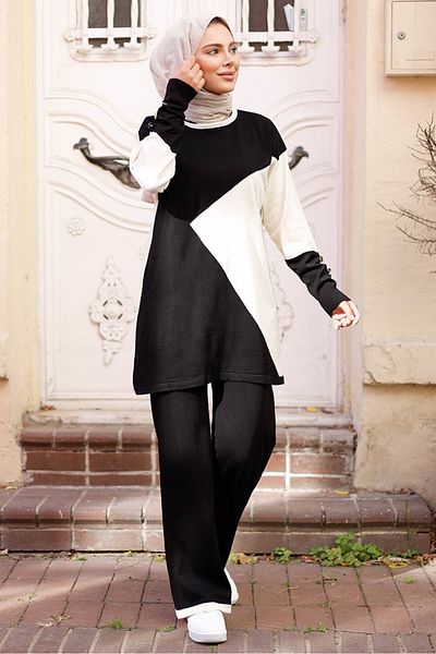 Bestenur Black Asymmetrical Print Tunic and Pants Set - 1264