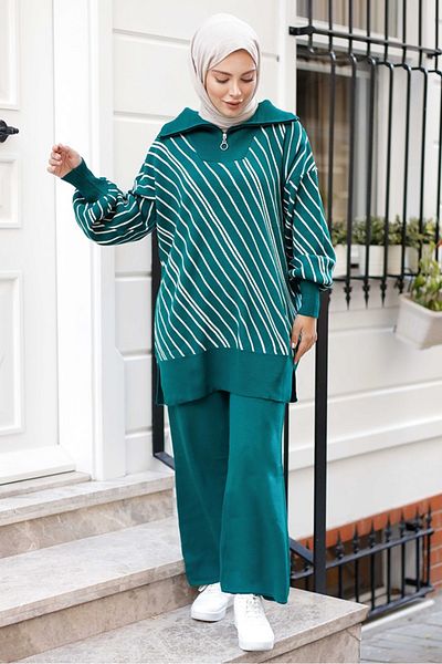 Bestenur Σετ τουνίκ και παντελονιού Petrol Green Yasemen Knitwear - 1263