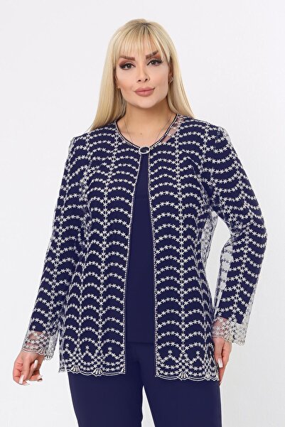 Ladies First Büyük Beden 3779 Lacivert-Altın Ceket+Bluz Takım